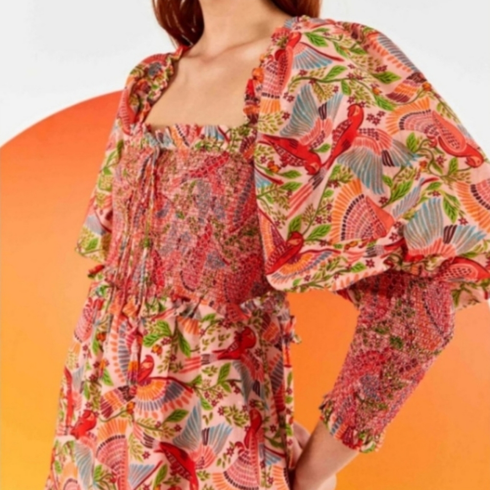 Farm Río Anthropologie Maxi Dress Macaw Flight Smocked Top Pink Midium - Picture 16 of 16